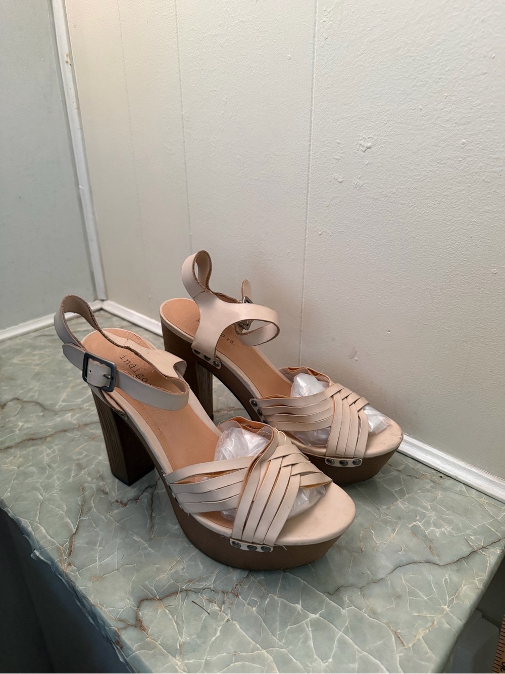 Indigo Beige Platform Sandal with Woven Straps